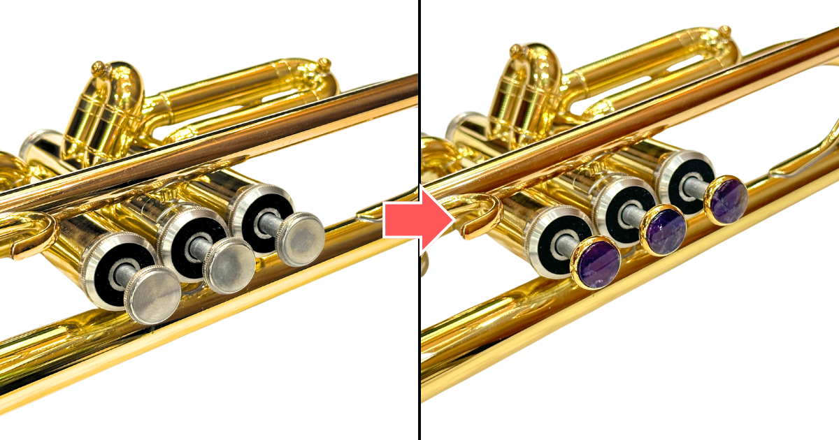 トランペットのピストンボタンを天然石でおしゃれにカスタムした例