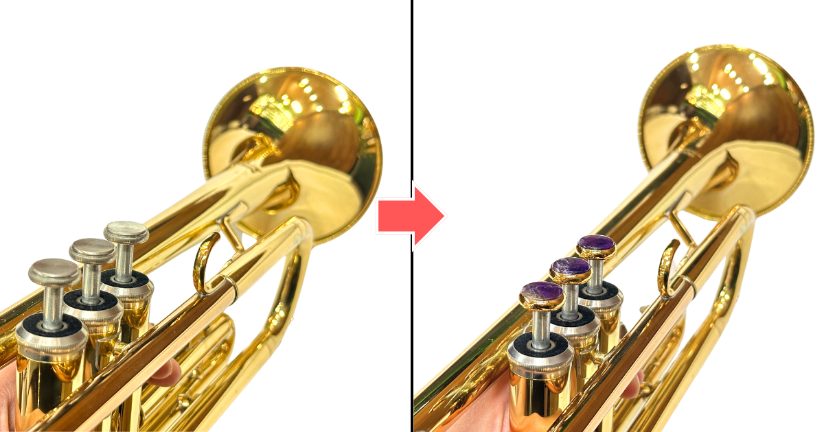 トランペットのピストンボタンを天然石でおしゃれにカスタムした例